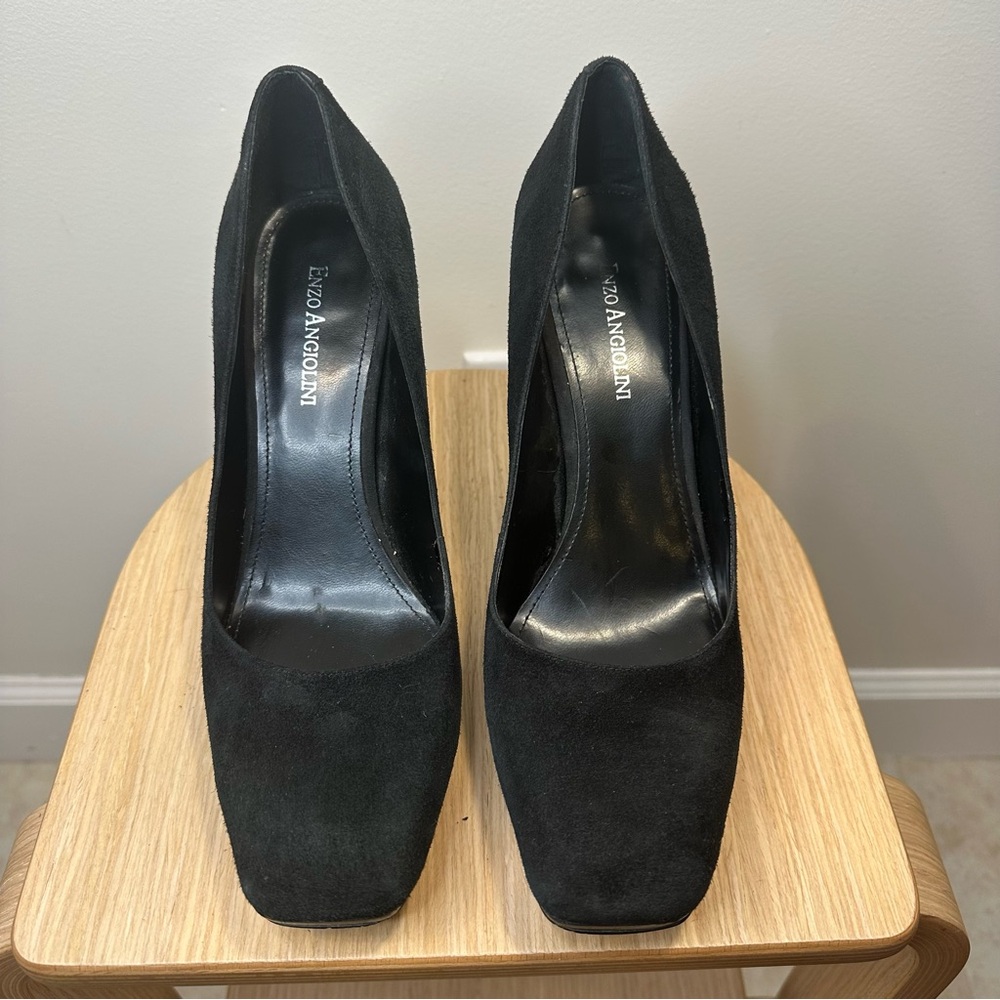 EUC Enzo Angiolini Women's Sz 9 M Black Suede Square Toe 3.75” Pumps Heels